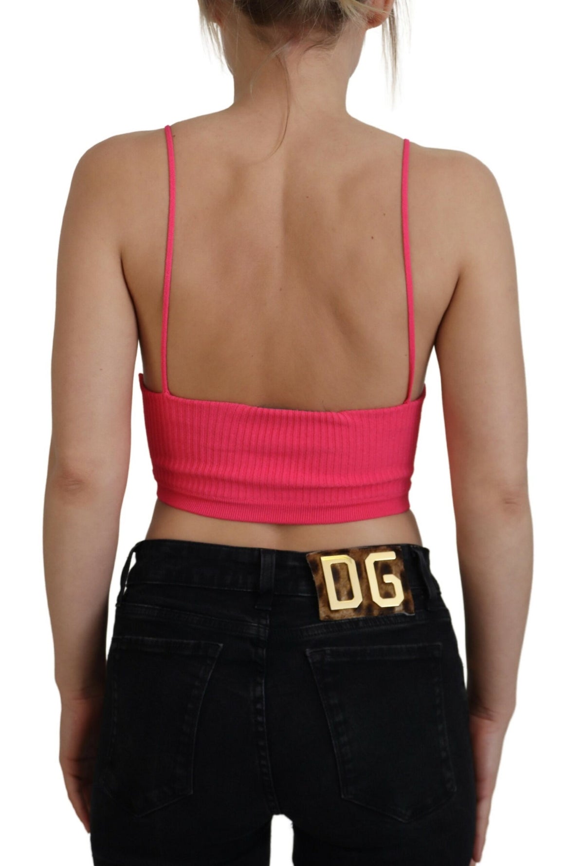 Dsquared² Top Cropped à Bretelles Spaghetti en Maille Ribbed Rose