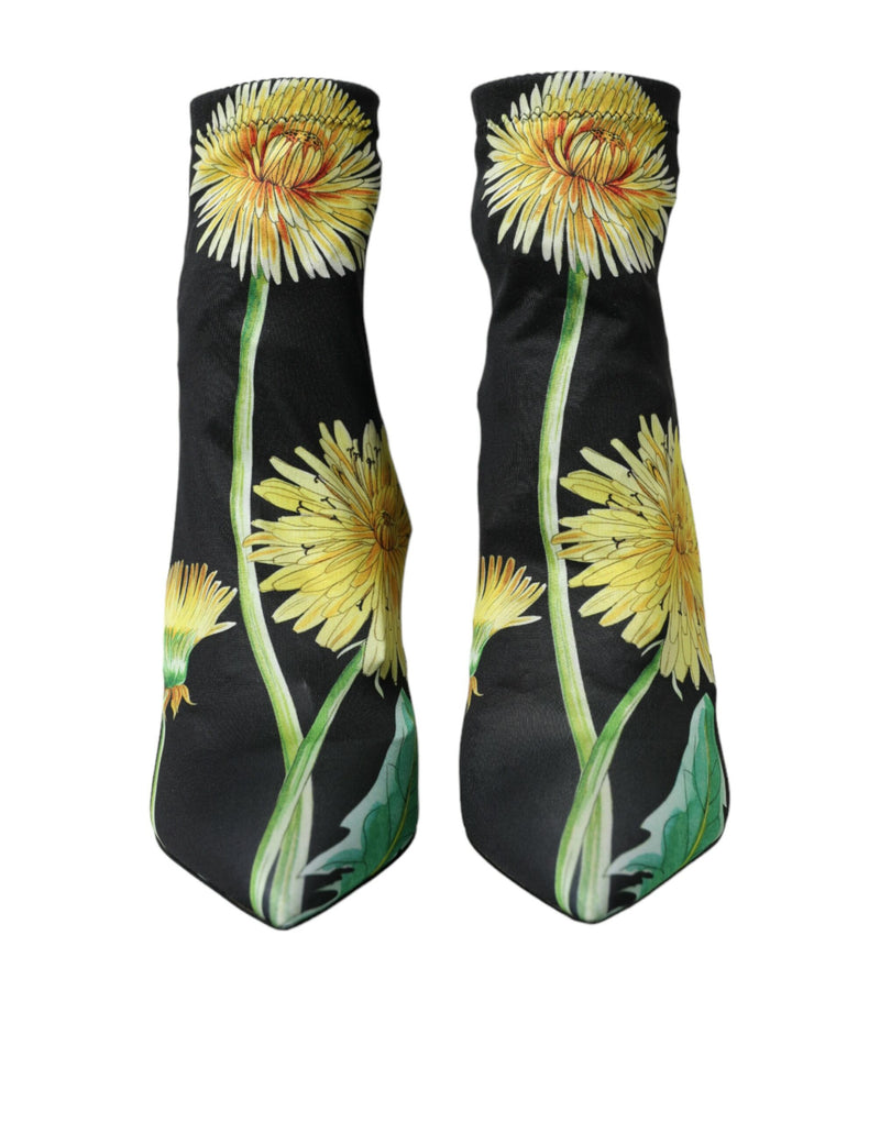 Dolce & Gabbana Black Floral Jersey Stretch Ankle Boots