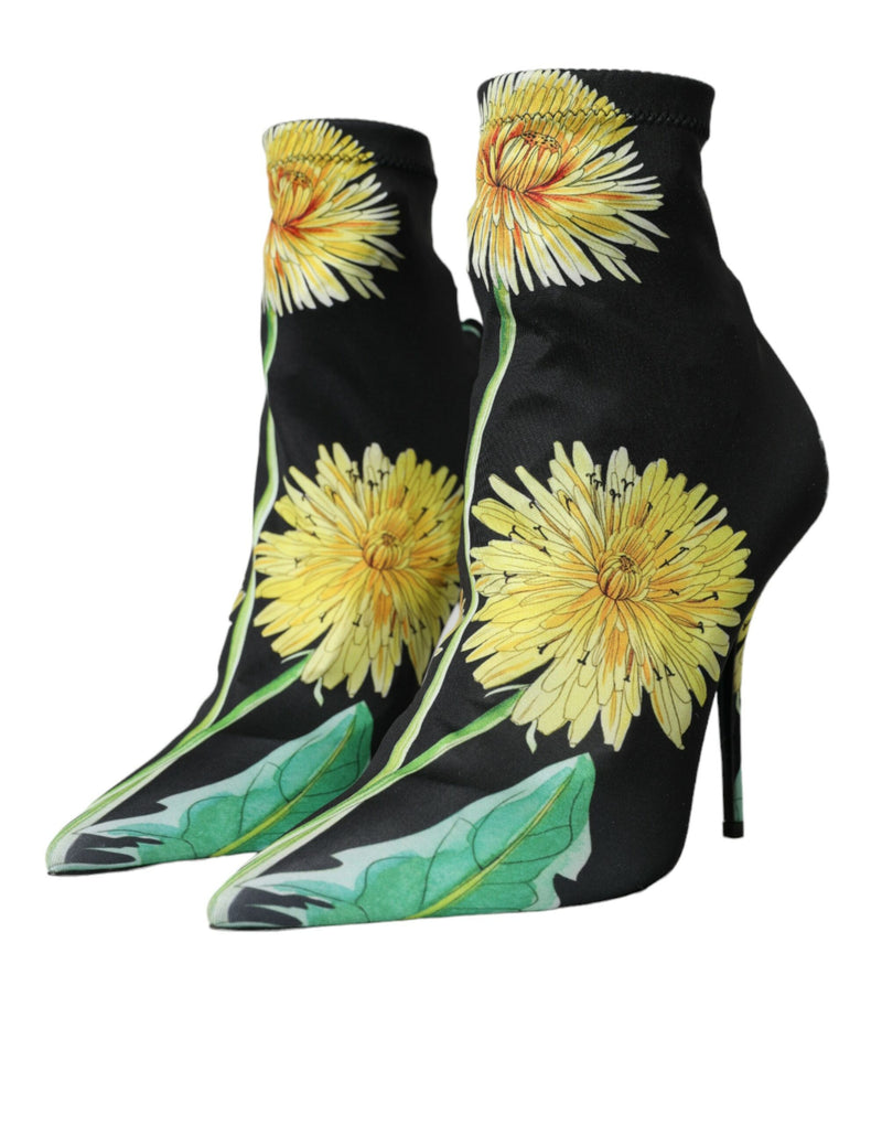 Dolce & Gabbana Black Floral Jersey Stretch Ankle Boots