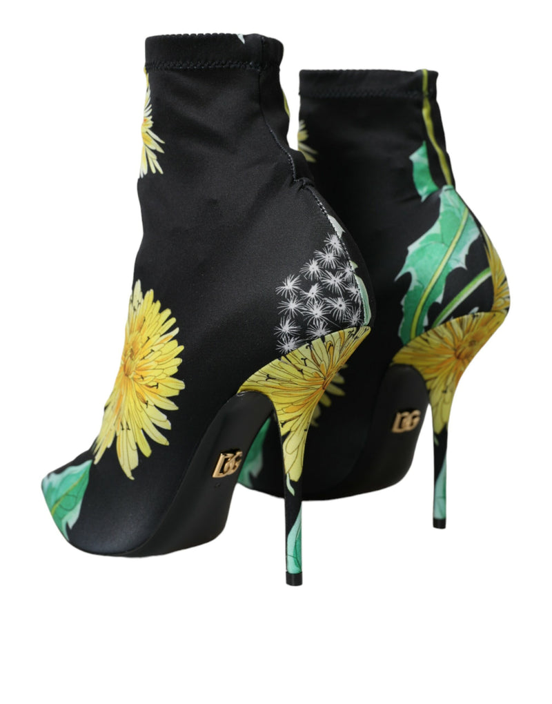 Dolce & Gabbana Black Floral Jersey Stretch Ankle Boots