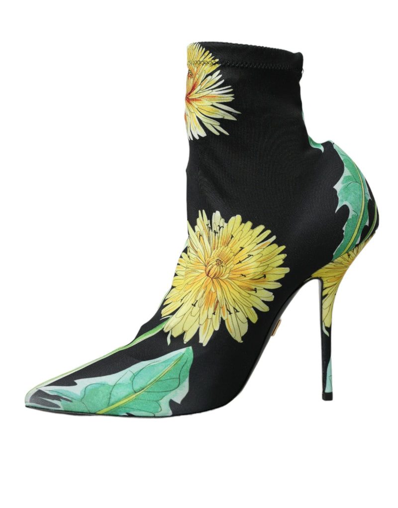 Dolce & Gabbana Black Floral Jersey Stretch Ankle Boots