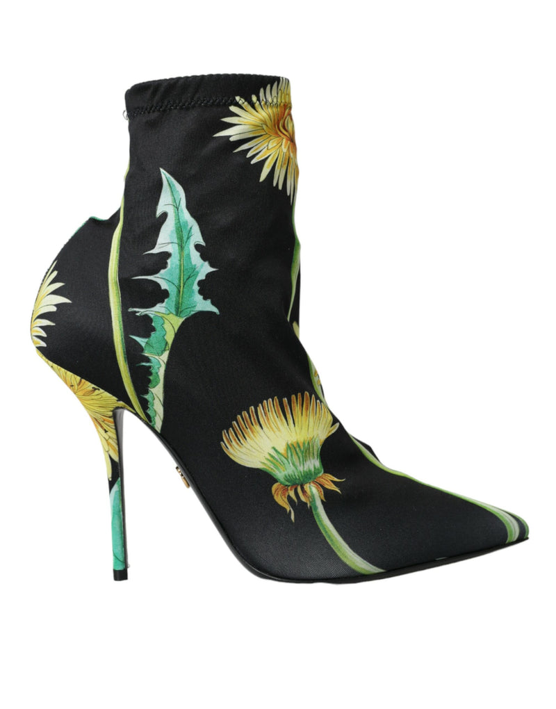 Dolce & Gabbana Black Floral Jersey Stretch Ankle Boots