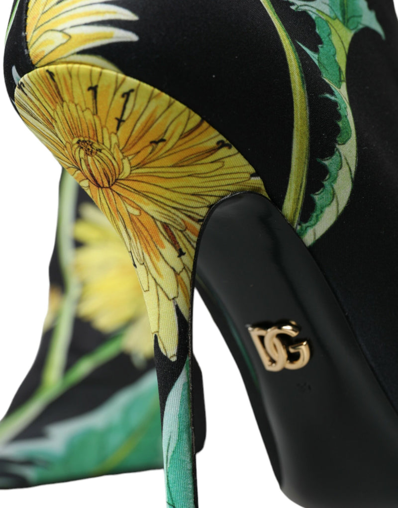 Dolce & Gabbana Black Floral Jersey Stretch Ankle Boots