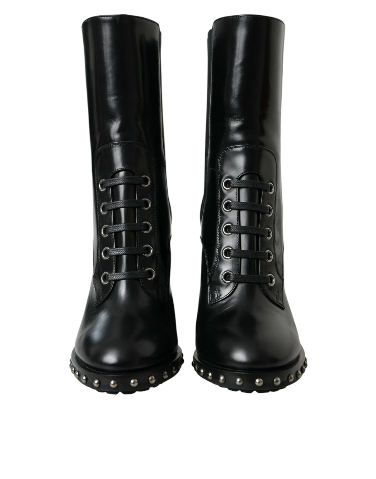 Dolce & Gabbana Black Leather Studded Lace Up Boots