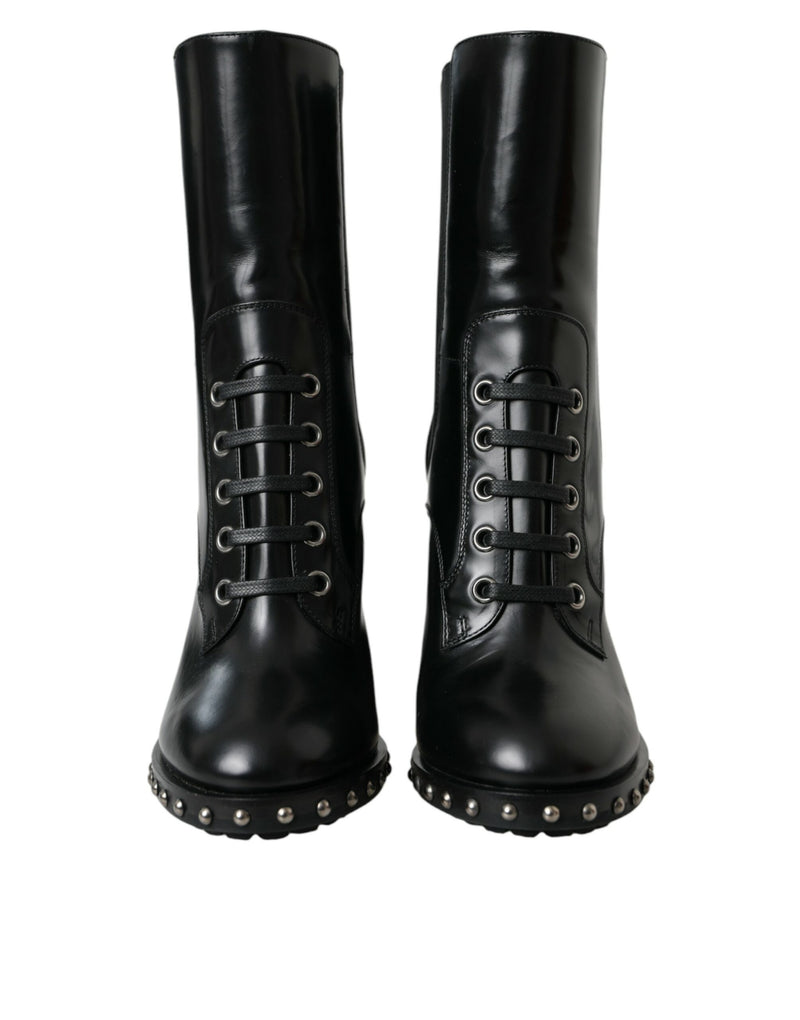 Dolce & Gabbana Black Leather Studded Lace Up Boots