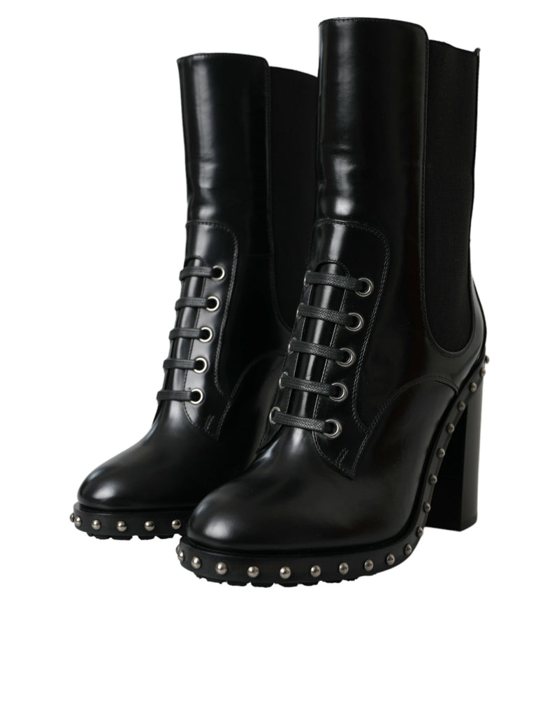 Dolce & Gabbana Black Leather Studded Lace Up Boots
