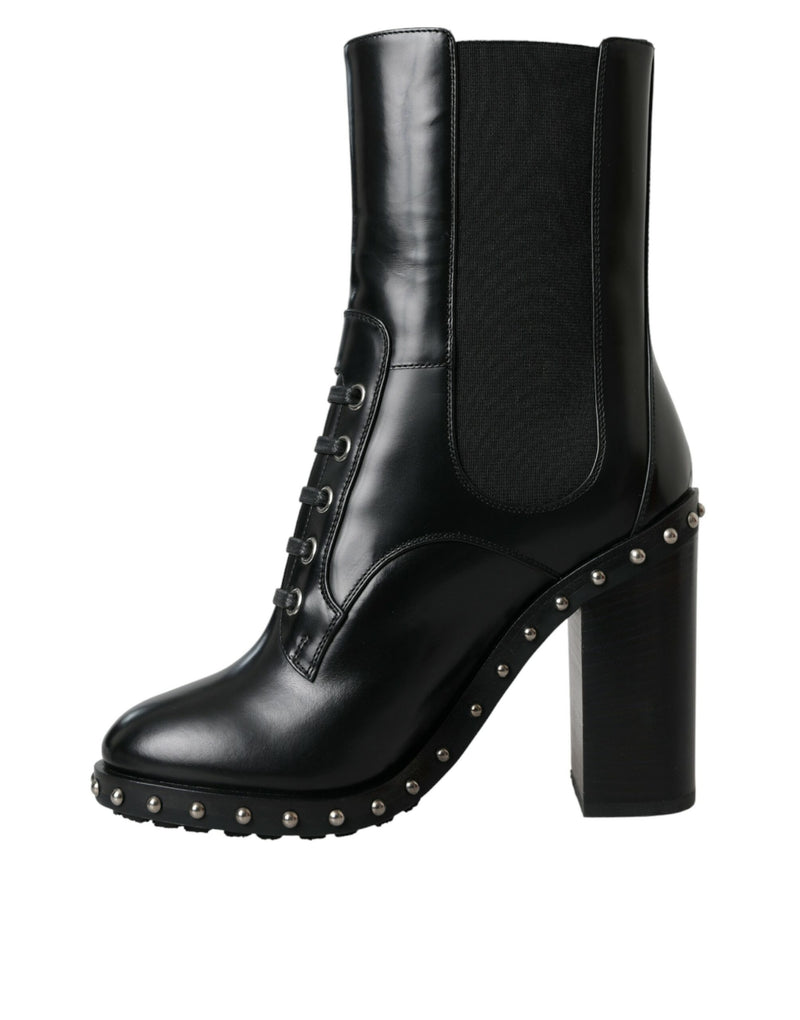 Dolce & Gabbana Black Leather Studded Lace Up Boots