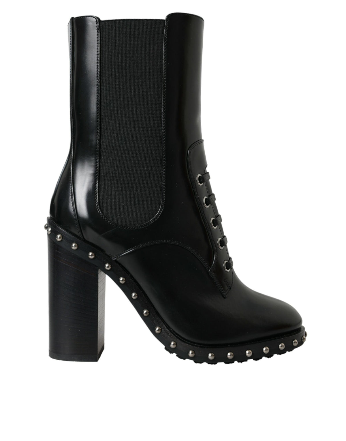 Dolce & Gabbana Black Leather Studded Lace Up Boots