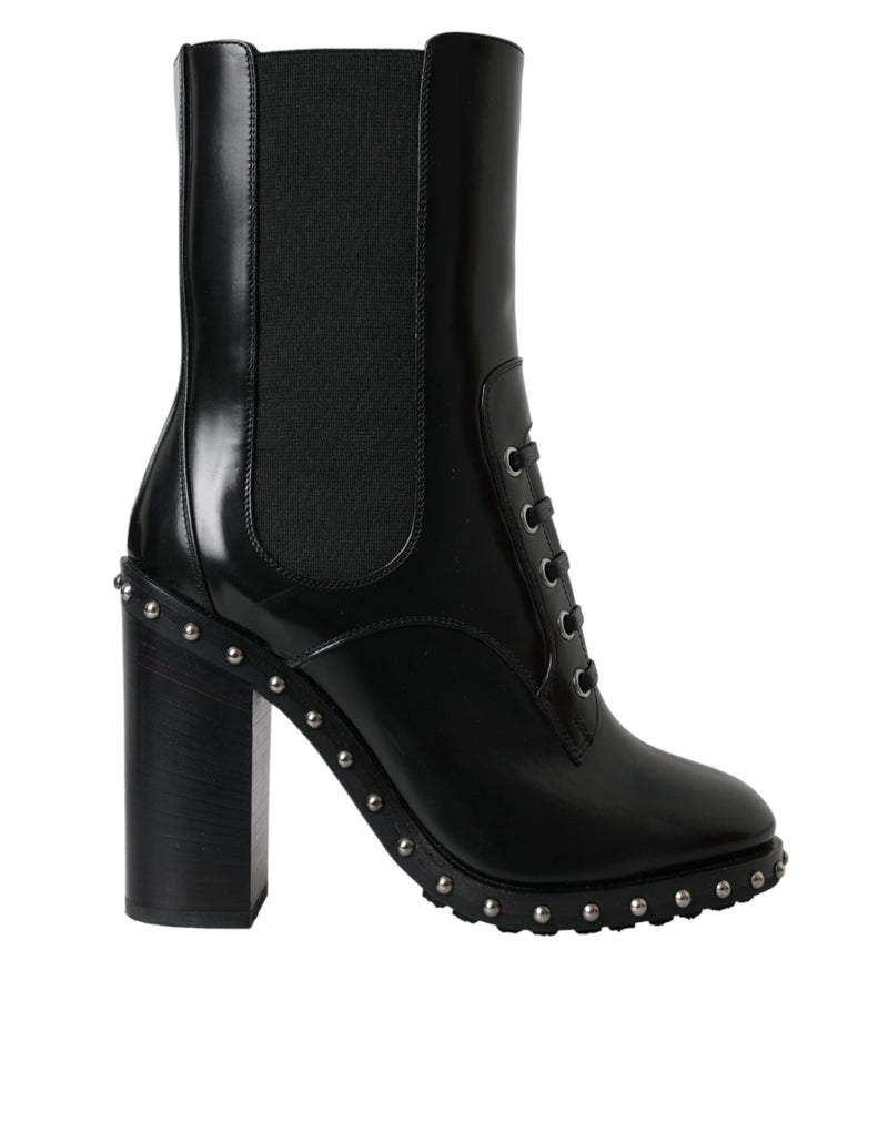 Dolce & Gabbana Black Leather Studded Lace Up Boots