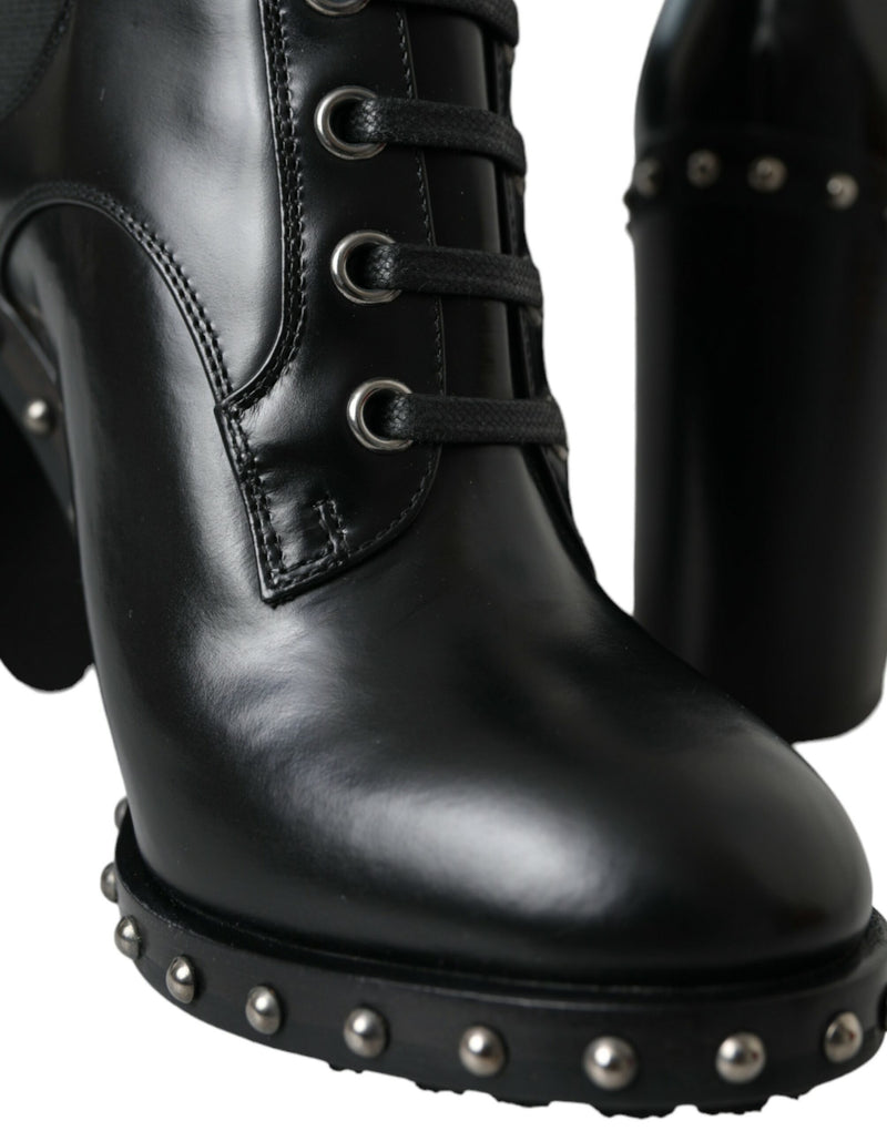 Dolce & Gabbana Black Leather Studded Lace Up Boots