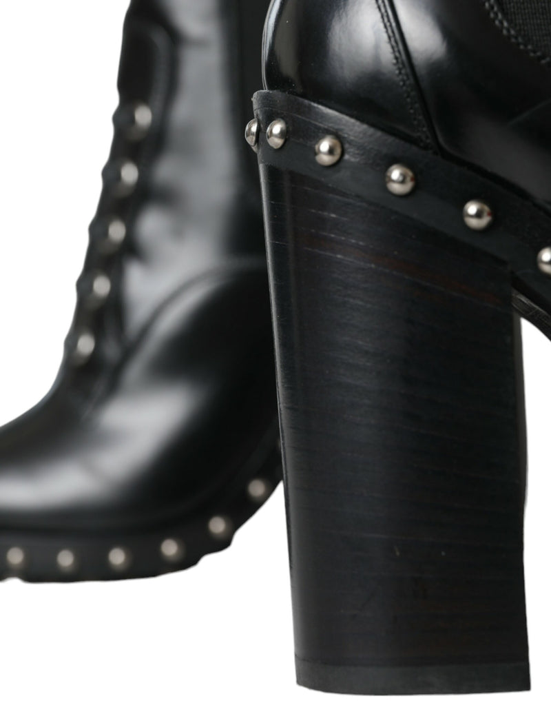 Dolce & Gabbana Black Leather Studded Lace Up Boots