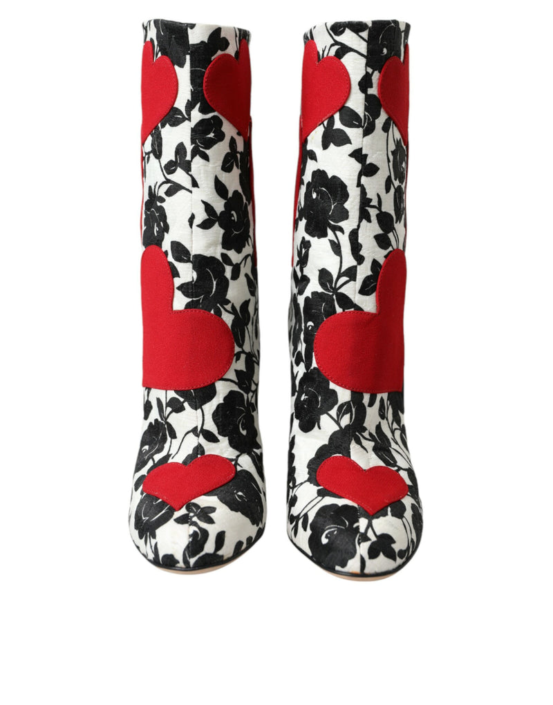 Dolce & Gabbana White Floral Hearts Leather High Boots