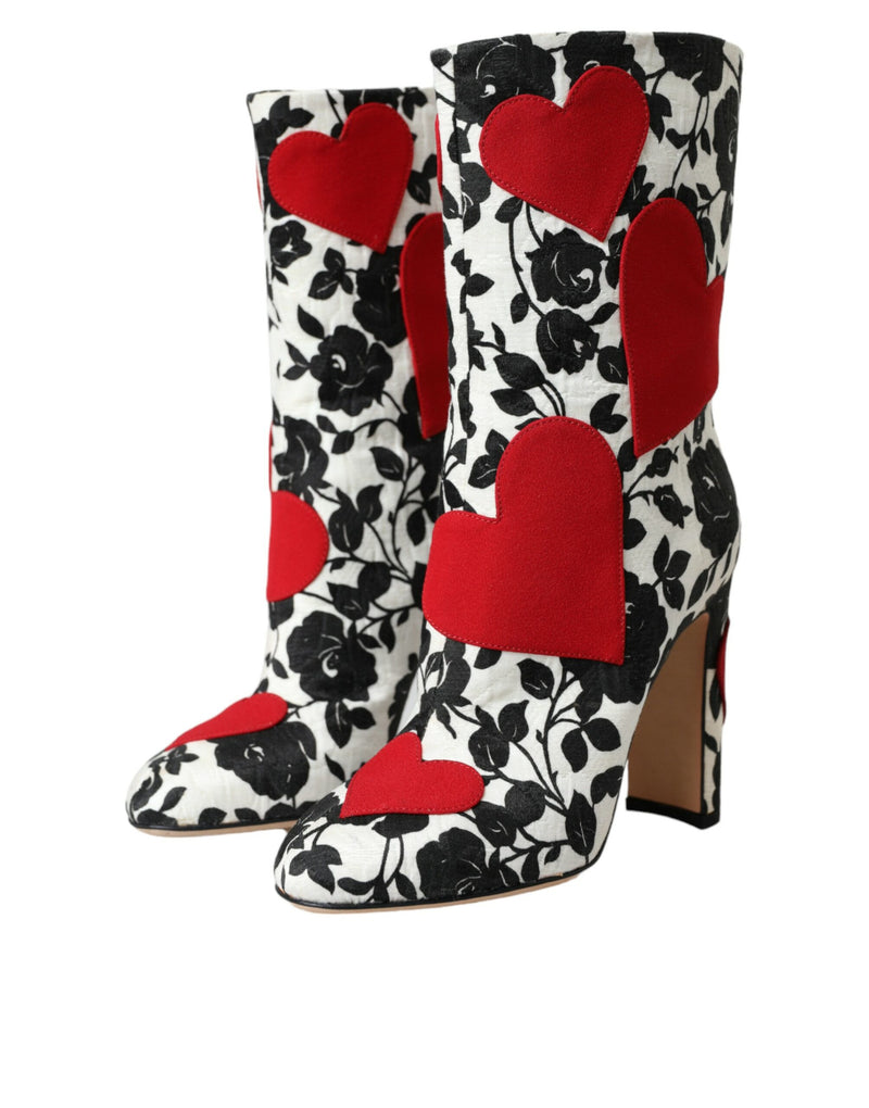 Dolce & Gabbana White Floral Hearts Leather High Boots