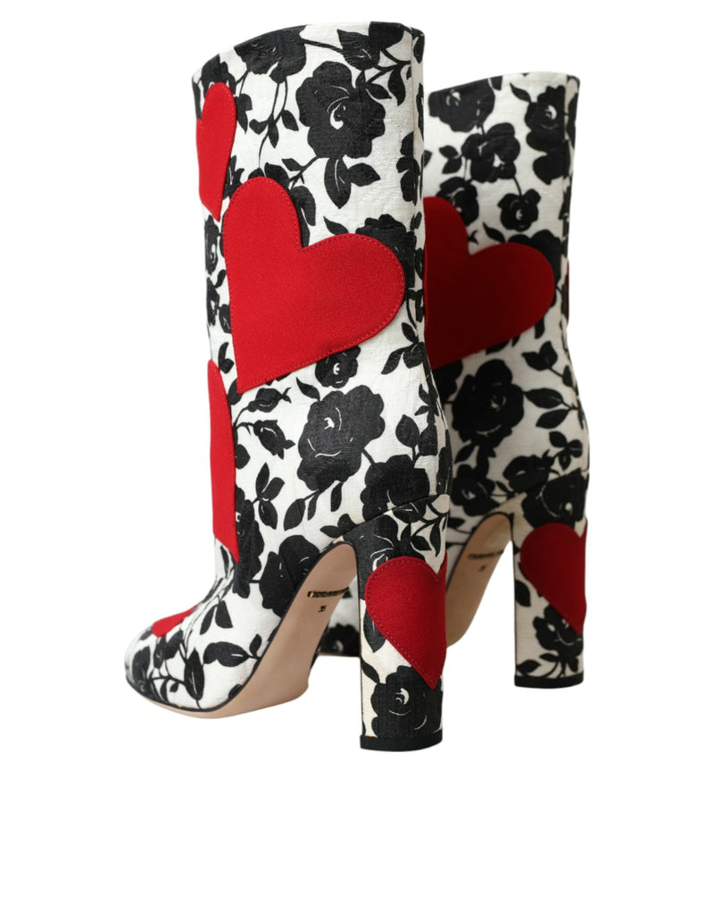 Dolce & Gabbana White Floral Hearts Leather High Boots