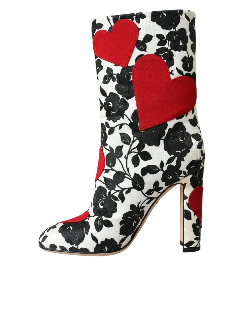 Dolce & Gabbana White Floral Hearts Leather High Boots