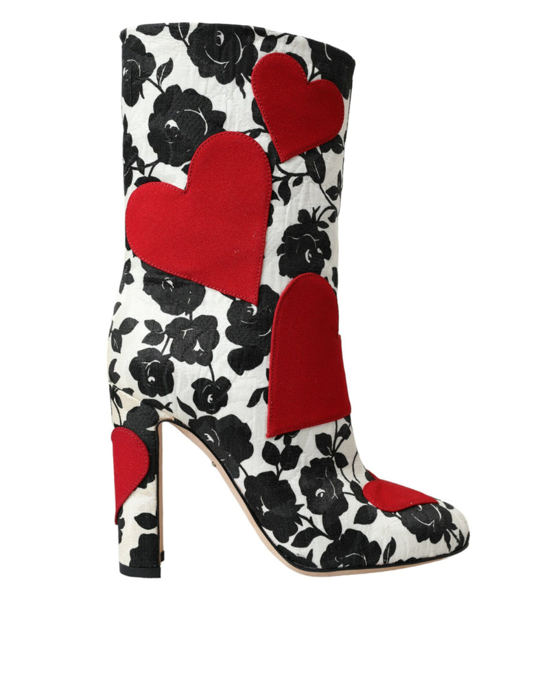 Dolce & Gabbana White Floral Hearts Leather High Boots