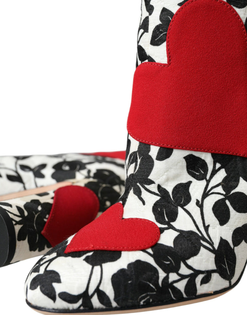 Dolce & Gabbana White Floral Hearts Leather High Boots