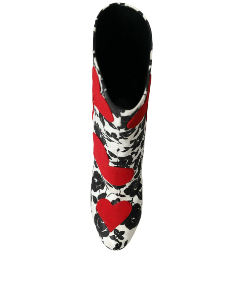 Dolce & Gabbana White Floral Hearts Leather High Boots