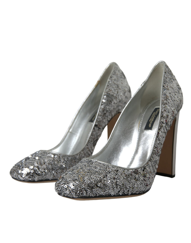 Dolce & Gabbana Silver Sequin Embellished Heels Pumps