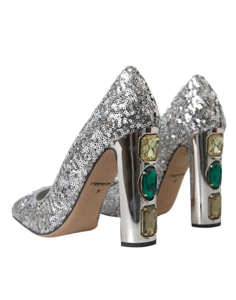 Dolce & Gabbana Silver Sequin Embellished Heels Pumps