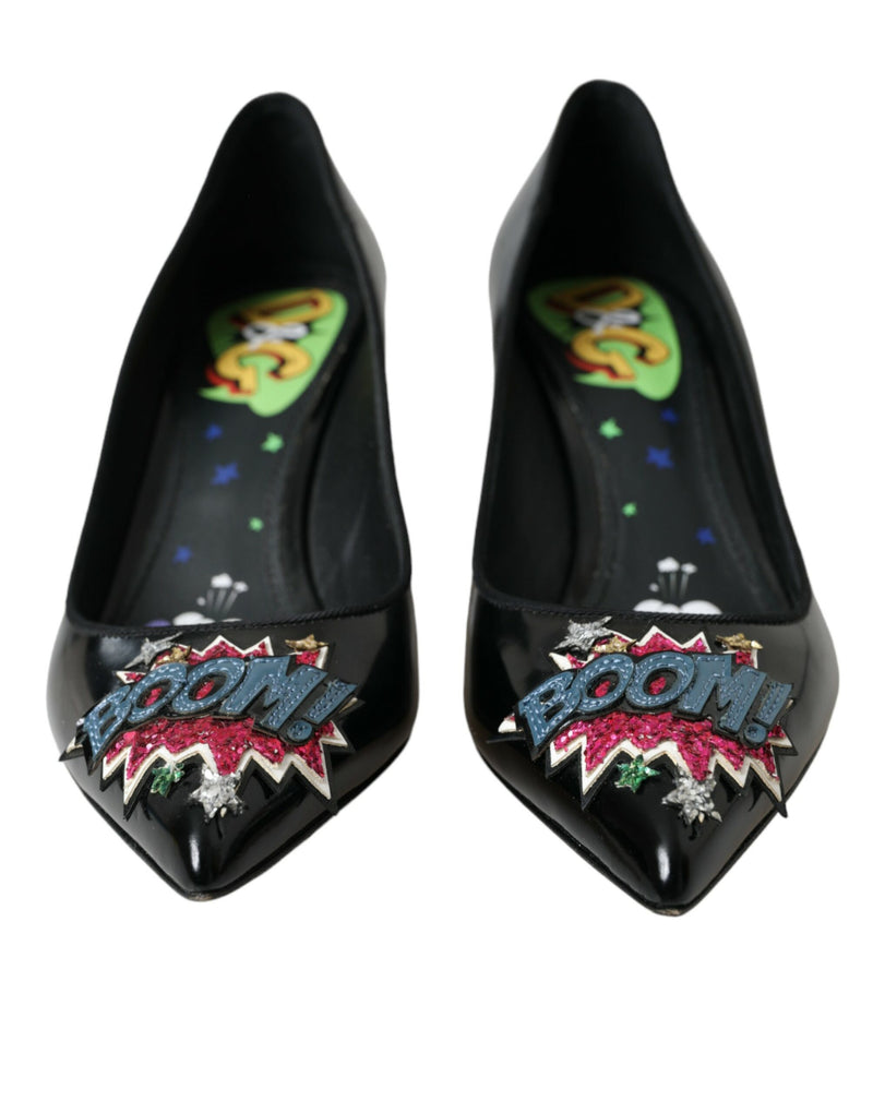Dolce & Gabbana Black Leather BOOM Patch Heels Pumps