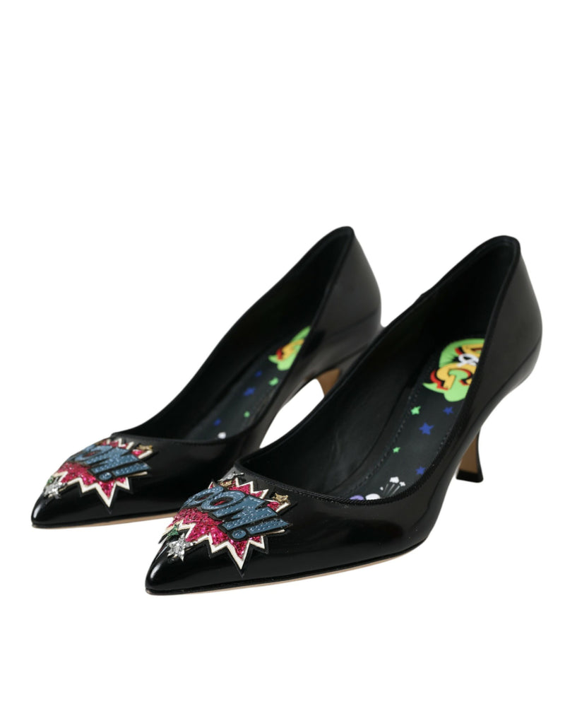 Dolce & Gabbana Black Leather BOOM Patch Heels Pumps