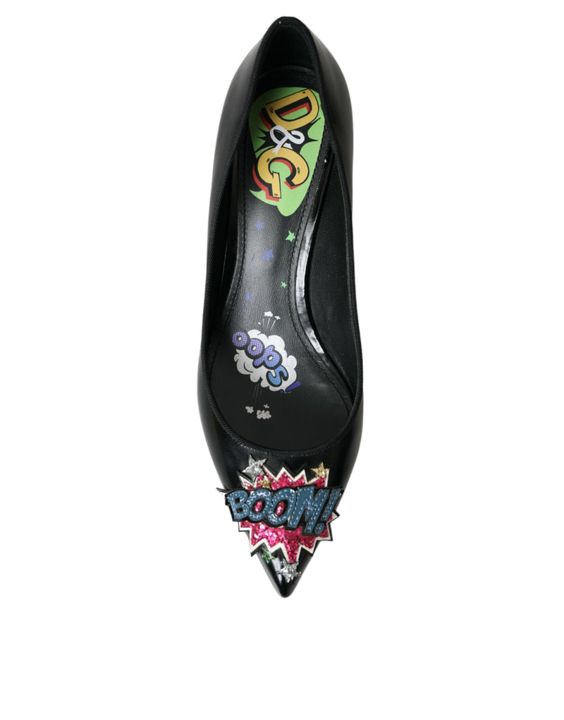 Dolce & Gabbana Black Leather BOOM Patch Heels Pumps