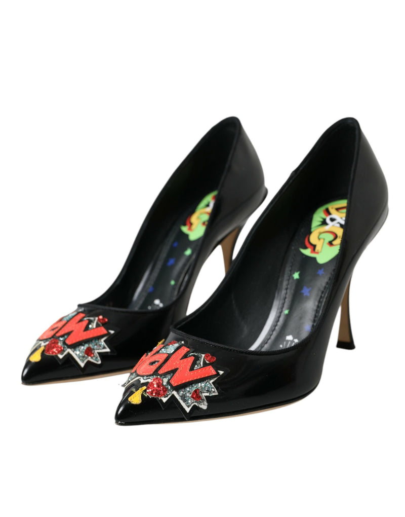 Dolce & Gabbana Black Leather WOW Patch Heels Pumps