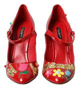 Dolce & Gabbana Red Leather Embellished Mary Jane Pumps Heels