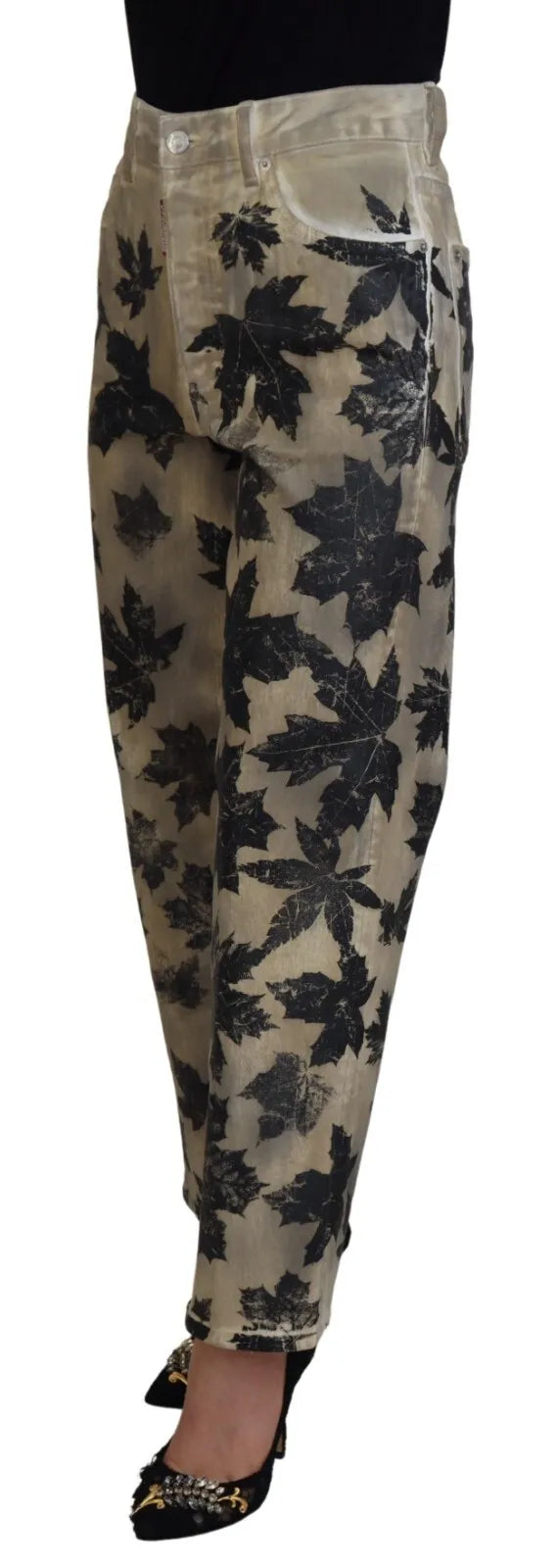 Dsquared² Beige Leaves High Waist Denim Jeans Boston