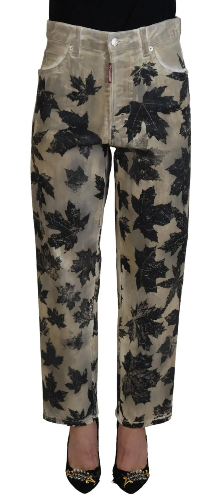 Dsquared² Beige Leaves High Waist Denim Jeans Boston