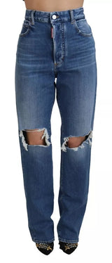 Dsquared² Jeans en Denim Distressé Taille Haute Droite Bleus