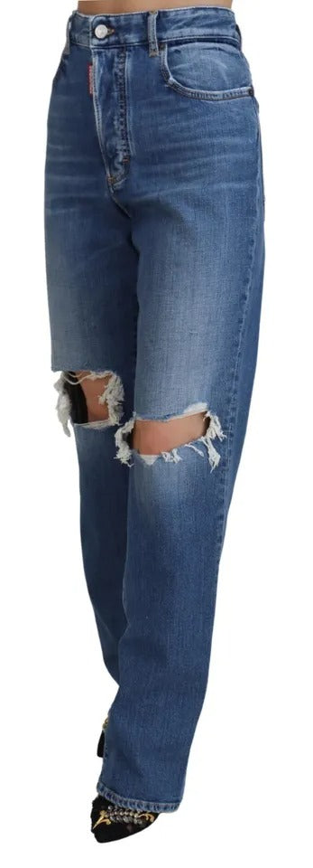 Dsquared² Jeans en Denim Distressé Taille Haute Droite Bleus