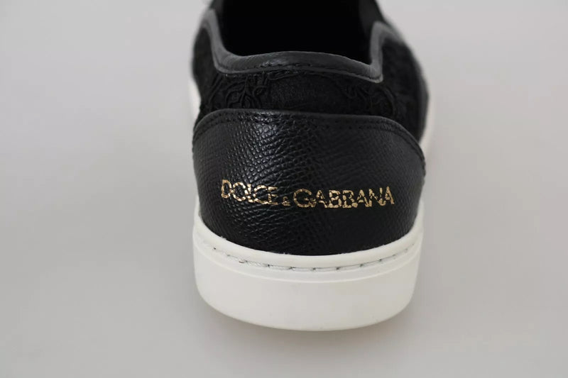 Dolce & Gabbana Black Lace Leather Logo Flat Slip-On Sneakers