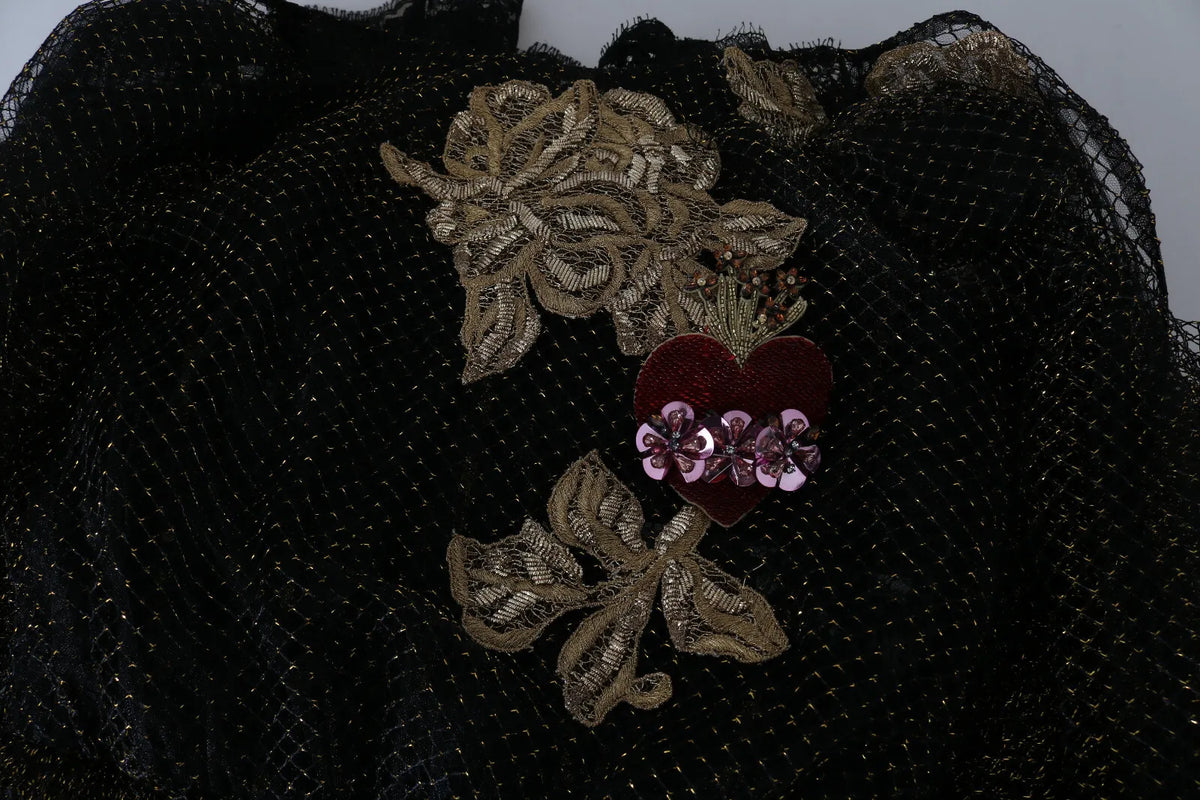 Dolce & Gabbana Robe A-line Noire et Or avec Cœur en Cristal