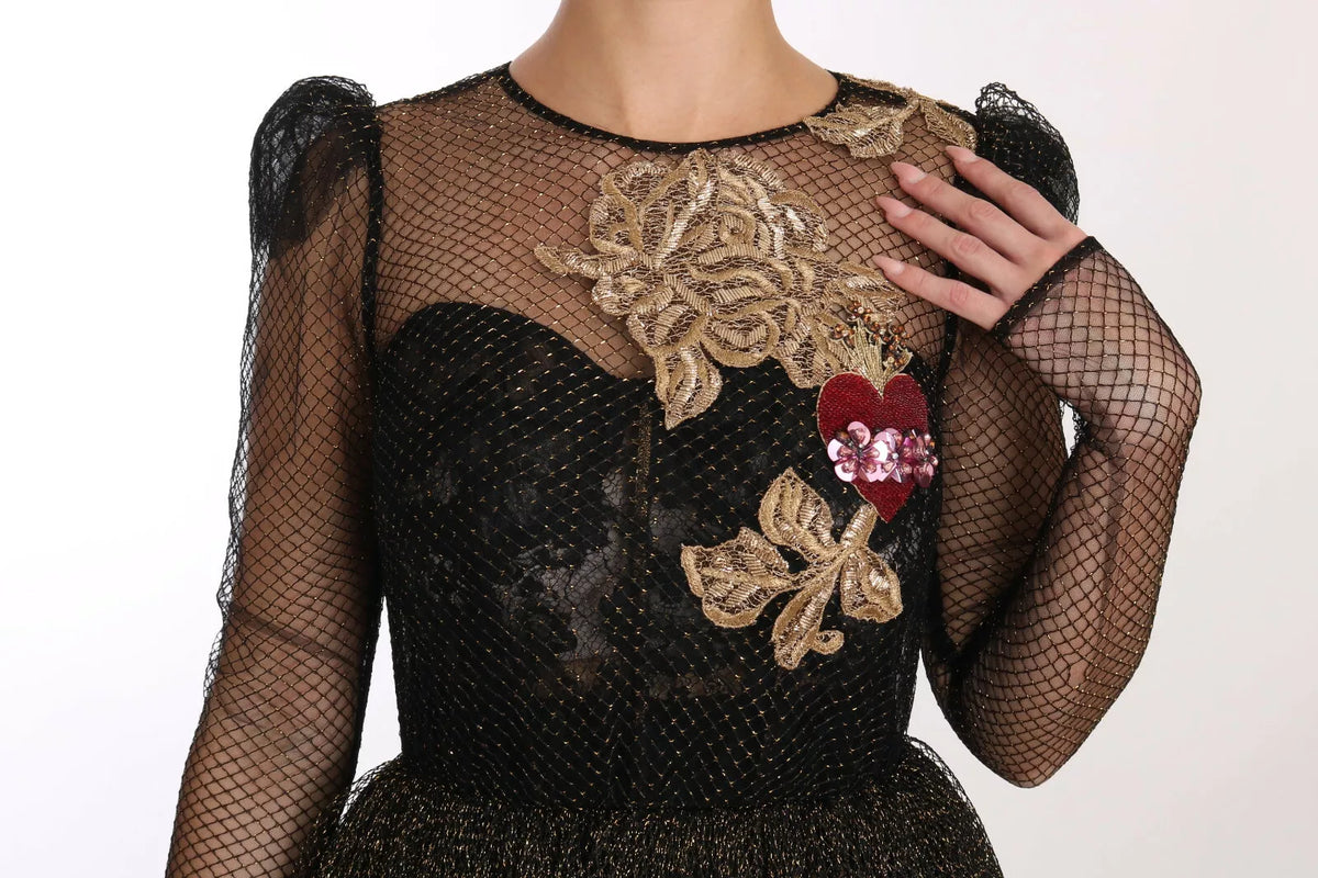 Dolce & Gabbana Robe A-line Noire et Or avec Cœur en Cristal