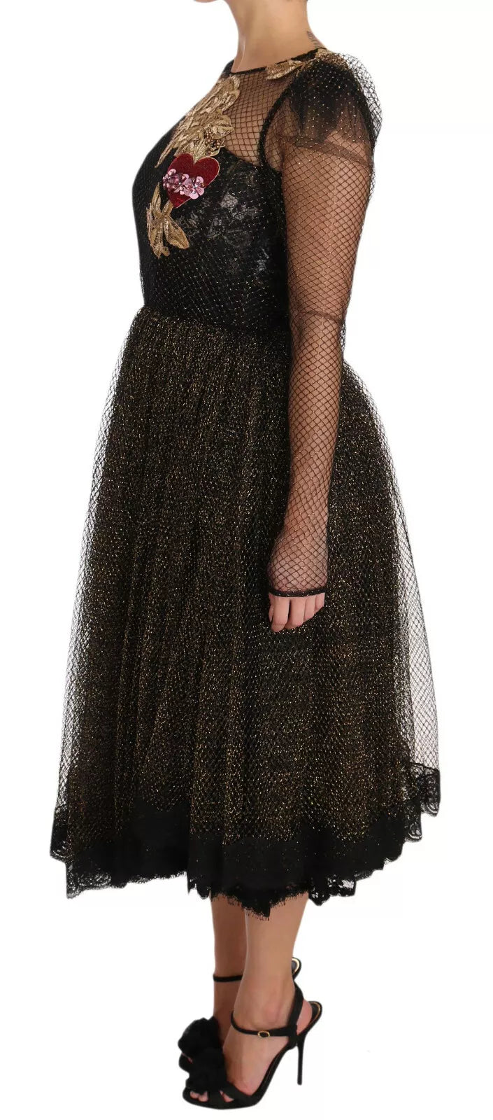 Dolce & Gabbana Robe A-line Noire et Or avec Cœur en Cristal