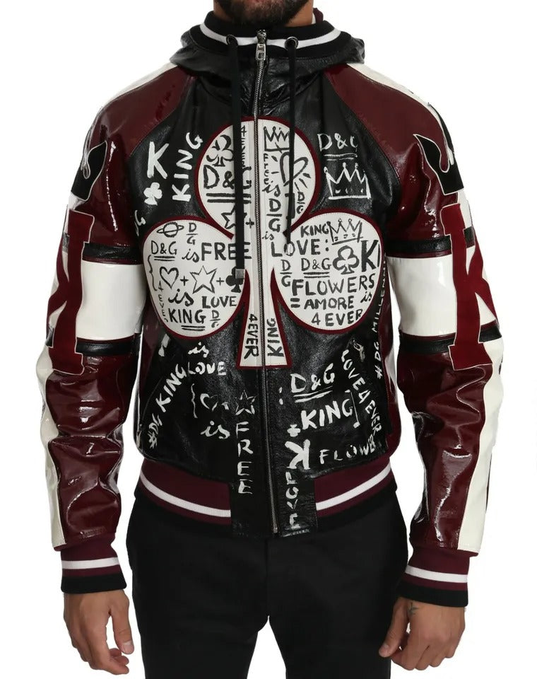 Veste en cuir à capuche noire Bordeaux Dolce & Gabbana, modèle DG King of Love.