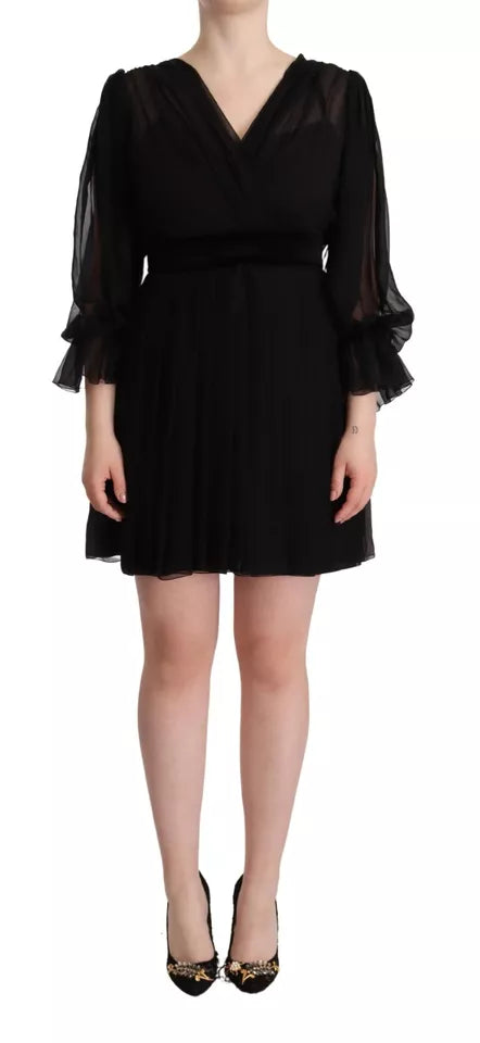 Dolce & Gabbana Robe Mini A-line Noire à Col V et Manches Longues
