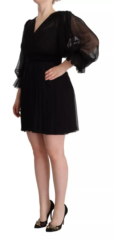 Dolce & Gabbana Robe Mini A-line Noire à Col V et Manches Longues