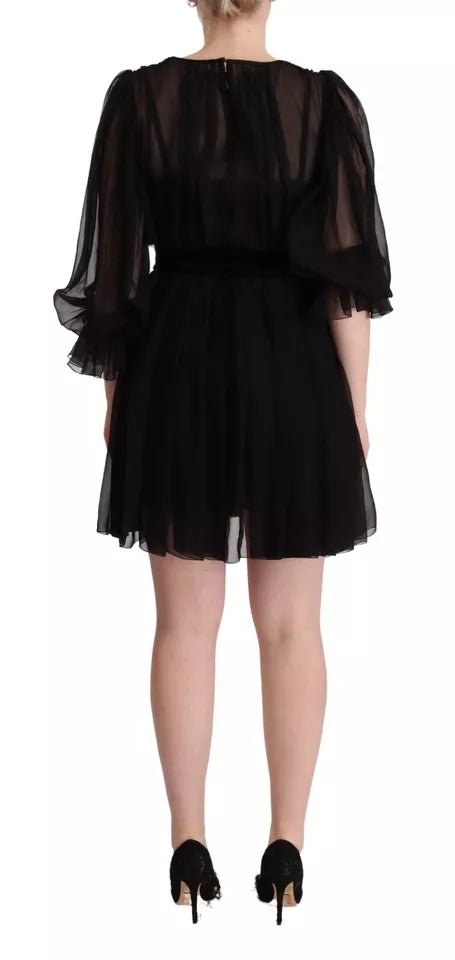 Dolce & Gabbana Robe Mini A-line Noire à Col V et Manches Longues