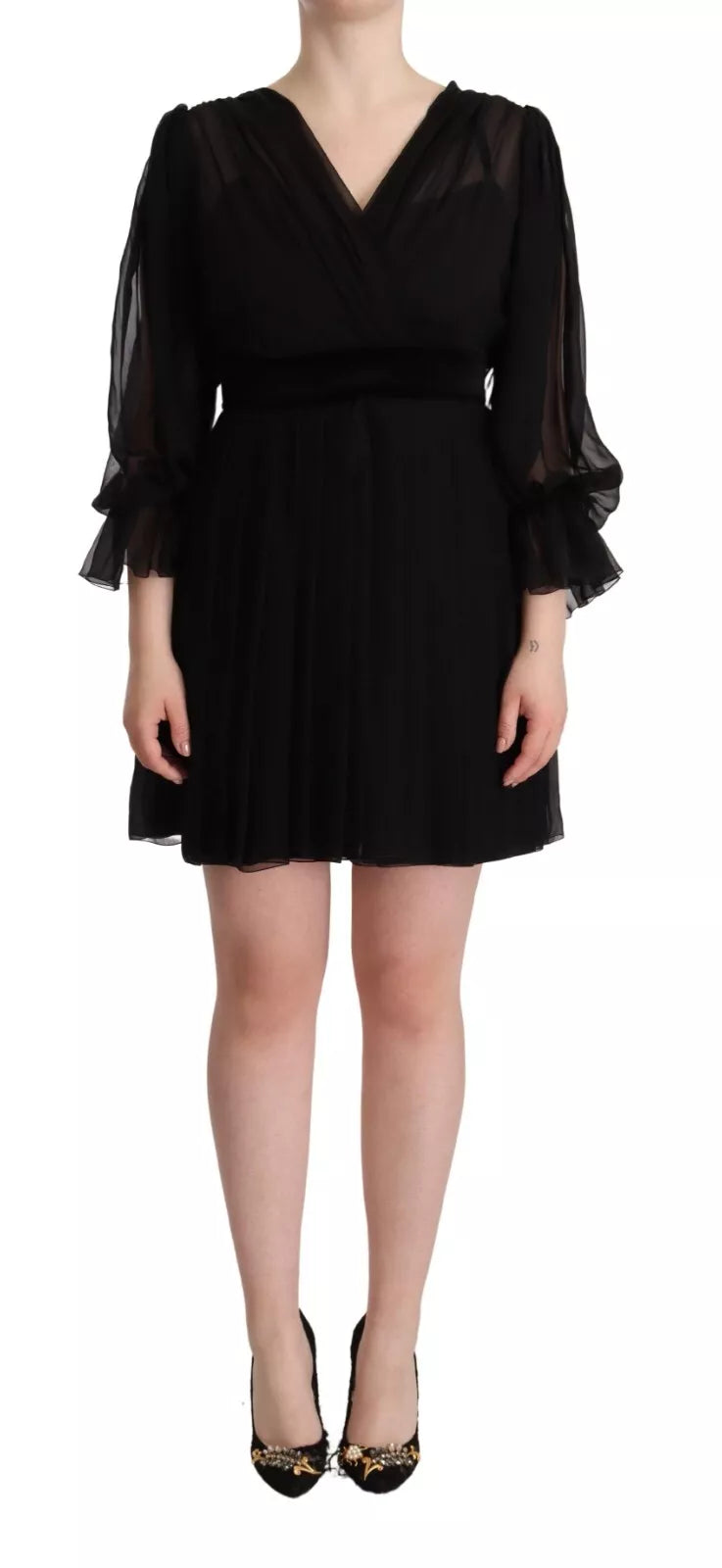 Dolce & Gabbana Robe Mini A-line Noire à Col V et Manches Longues