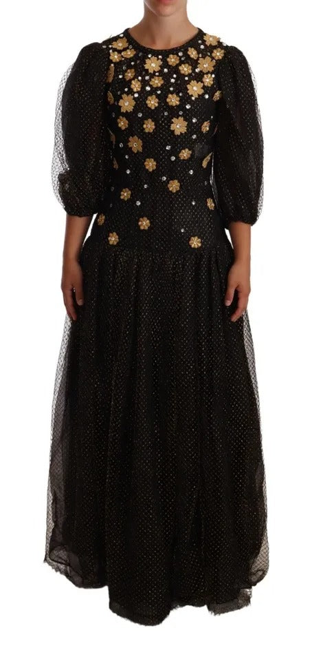 Dolce & Gabbana Robe de Bal Maxi Noire en Cristal Floral