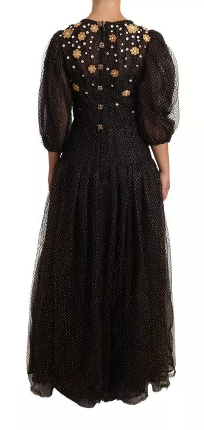 Dolce & Gabbana zwarte maxi-jurk met kristallen bloemenprint en baljurkmodel