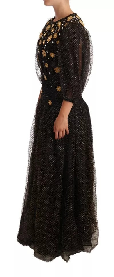 Dolce & Gabbana zwarte maxi-jurk met kristallen bloemenprint en baljurkmodel