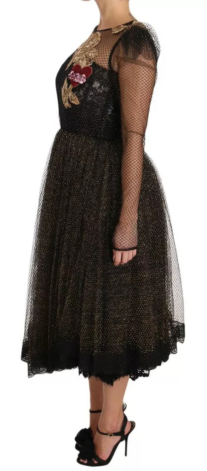 Dolce & Gabbana A-lijn jurk in zwart met gouden kristallen hartjes