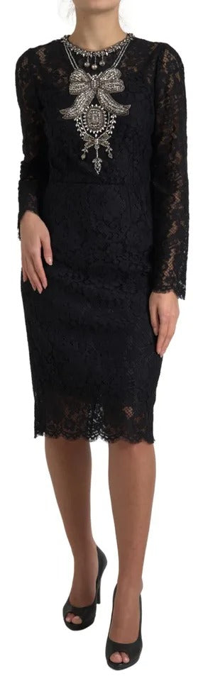 Dolce & Gabbana Robe Fourreau Noir en Nylon avec Dentelle