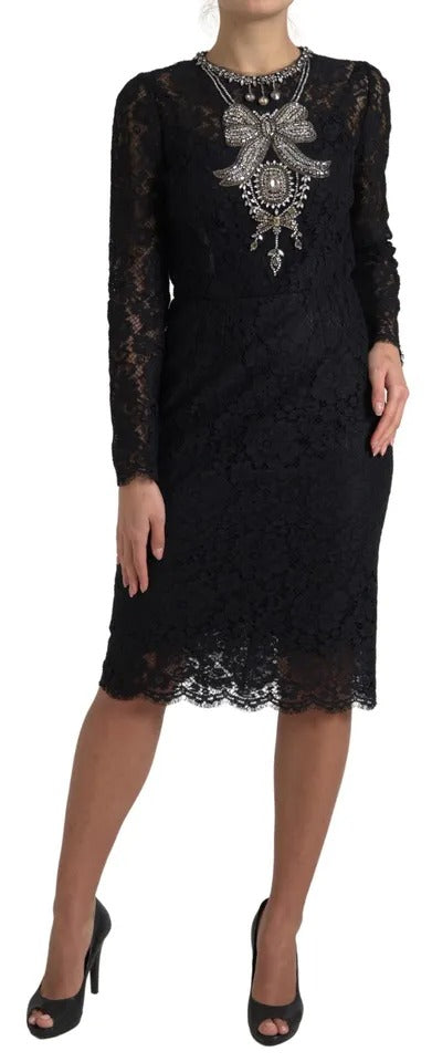 Dolce & Gabbana Robe Fourreau Noir en Nylon avec Dentelle