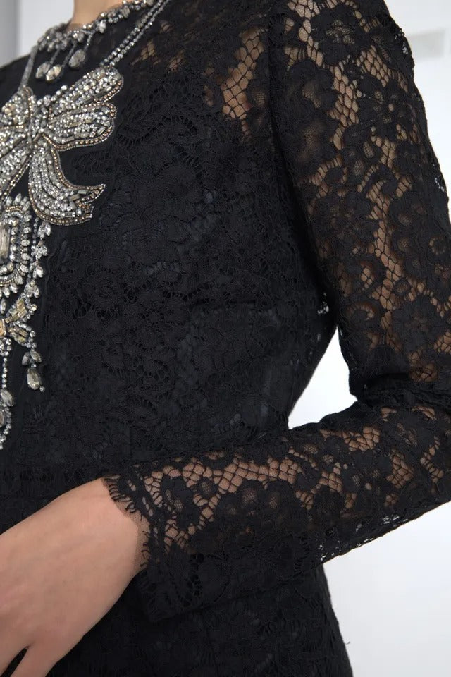Dolce & Gabbana Robe Fourreau Noir en Nylon avec Dentelle