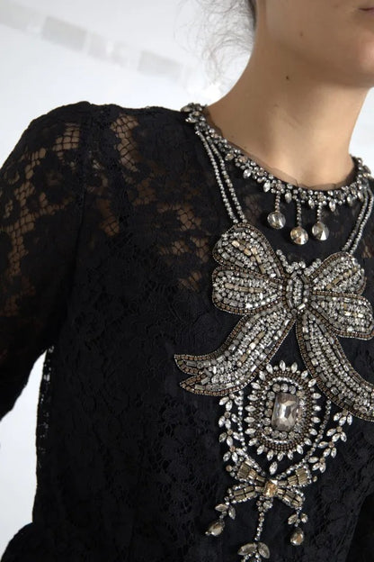 Dolce & Gabbana zwarte nylon jurk met kant en versieringen